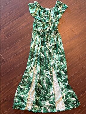 Green Leaf-Print Off-Shoulder Maxi Dress